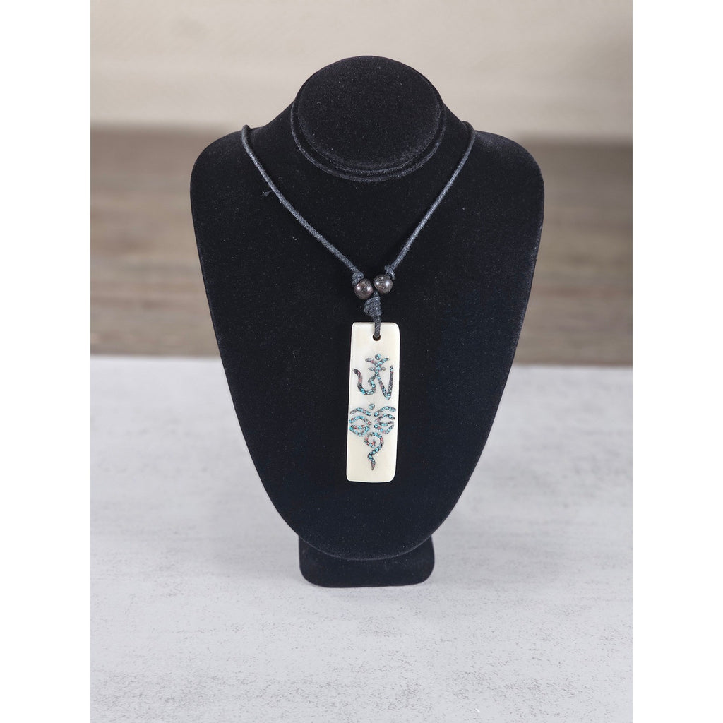 Vintage Carved Om Pendant Necklace Turquoise Inlay Rectangular