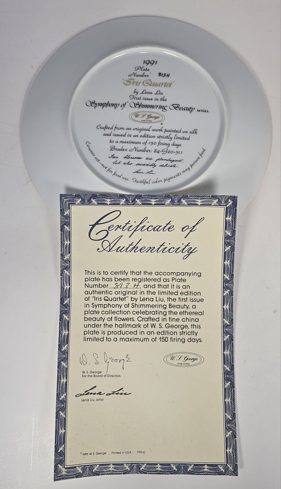 W S George “Iris Quartet” Collector Plate by Lena Liu Fine China Floral