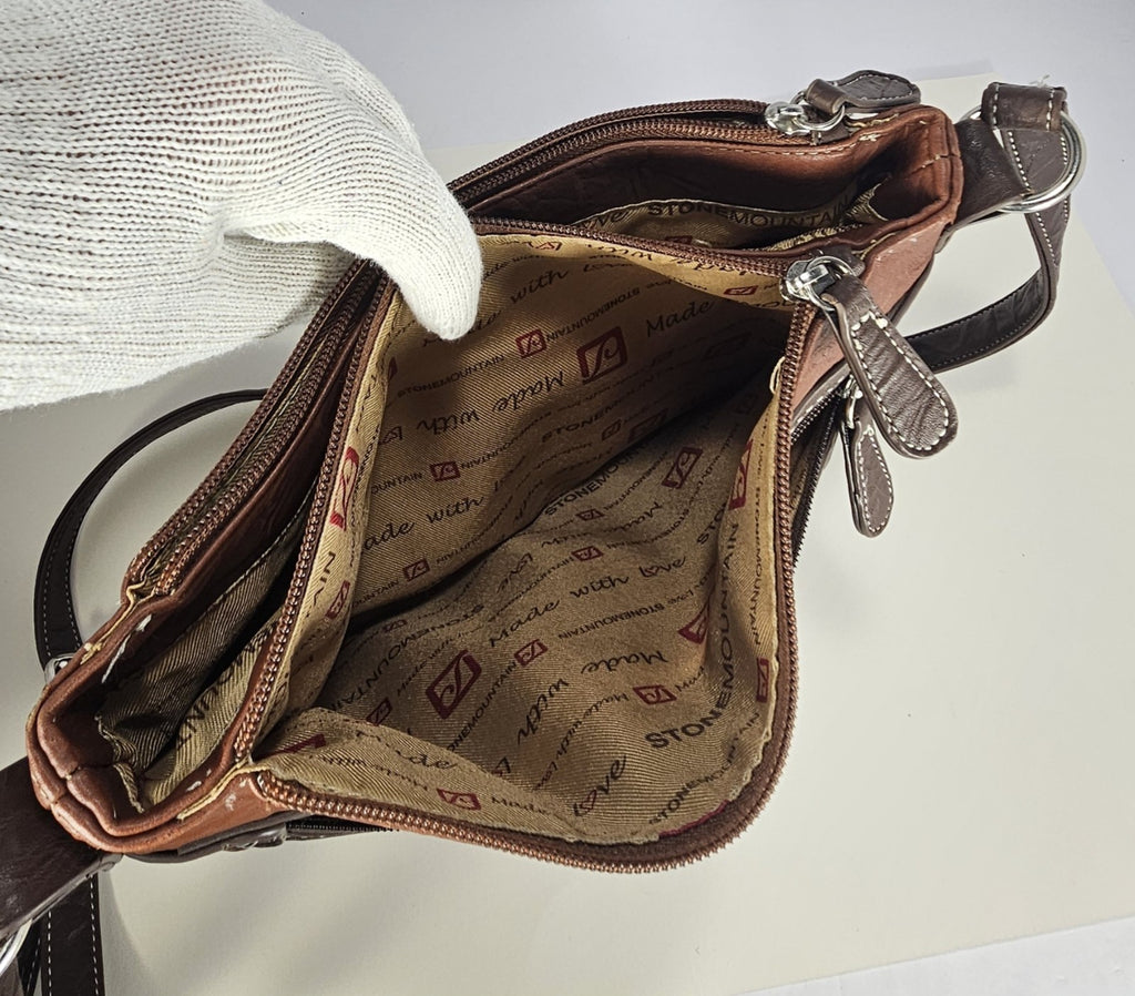 Stone & Co Shoulder Bag Purse Faux Leather Brown Cognac Zip Pockets