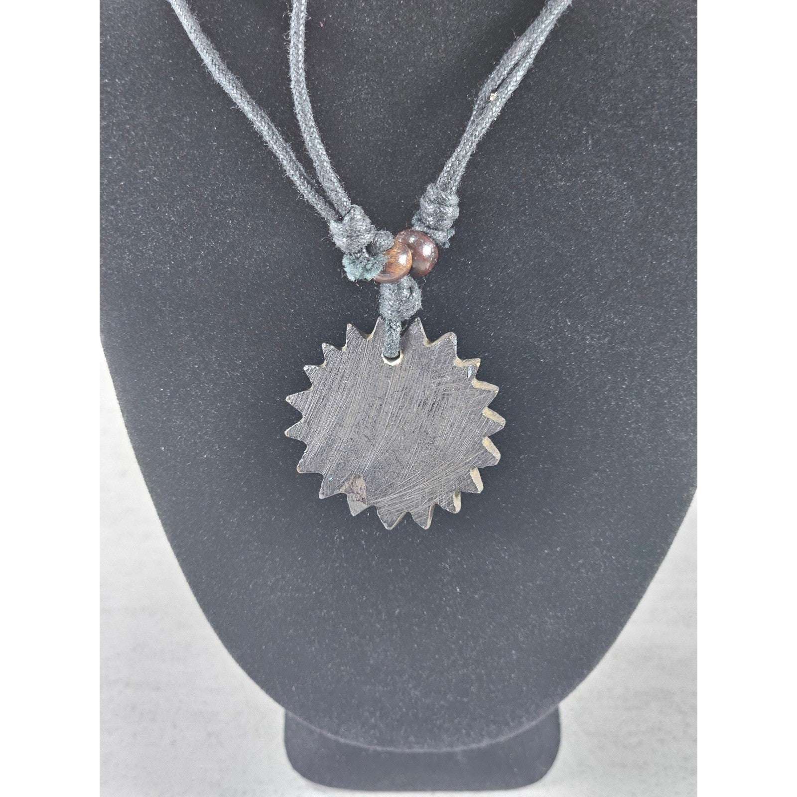 Vintage Carved Black Pendant Necklace Sunburst Lotus Design