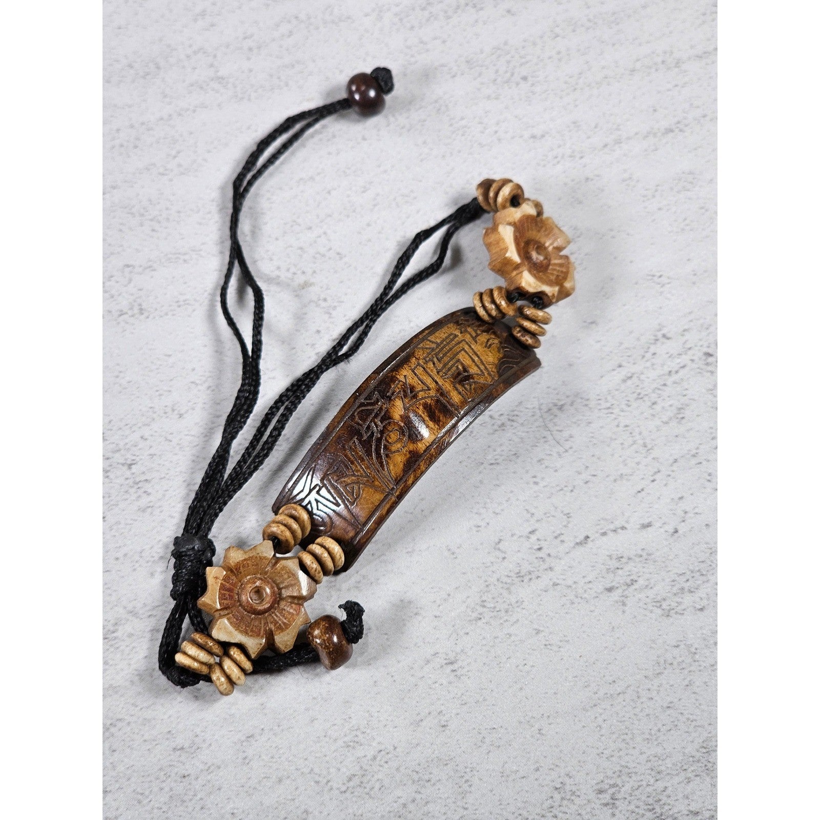 Vintage Carved Wood Adjustable Bracelet with Floral Accents