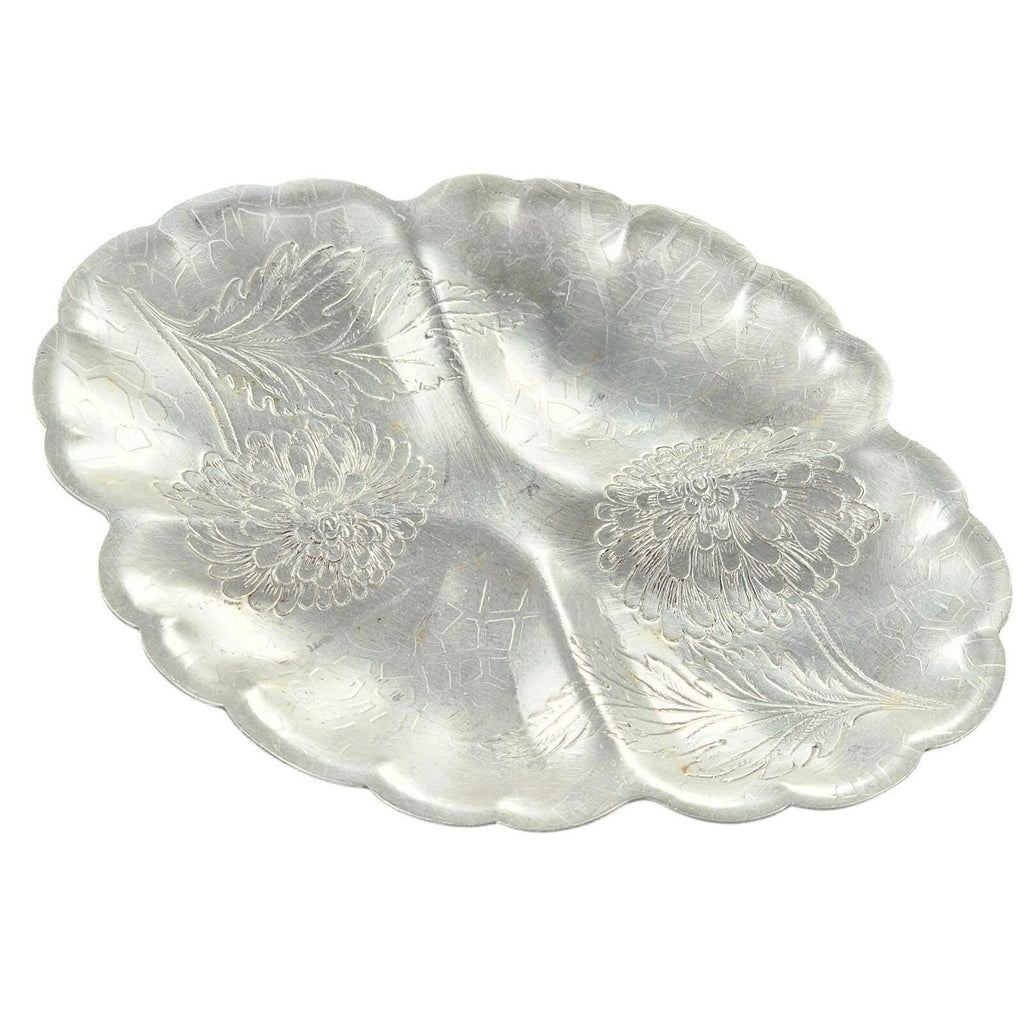 Vintage Forman Etched Aluminum Tray Oval Floral Sectioned Serving Tray 9.5"