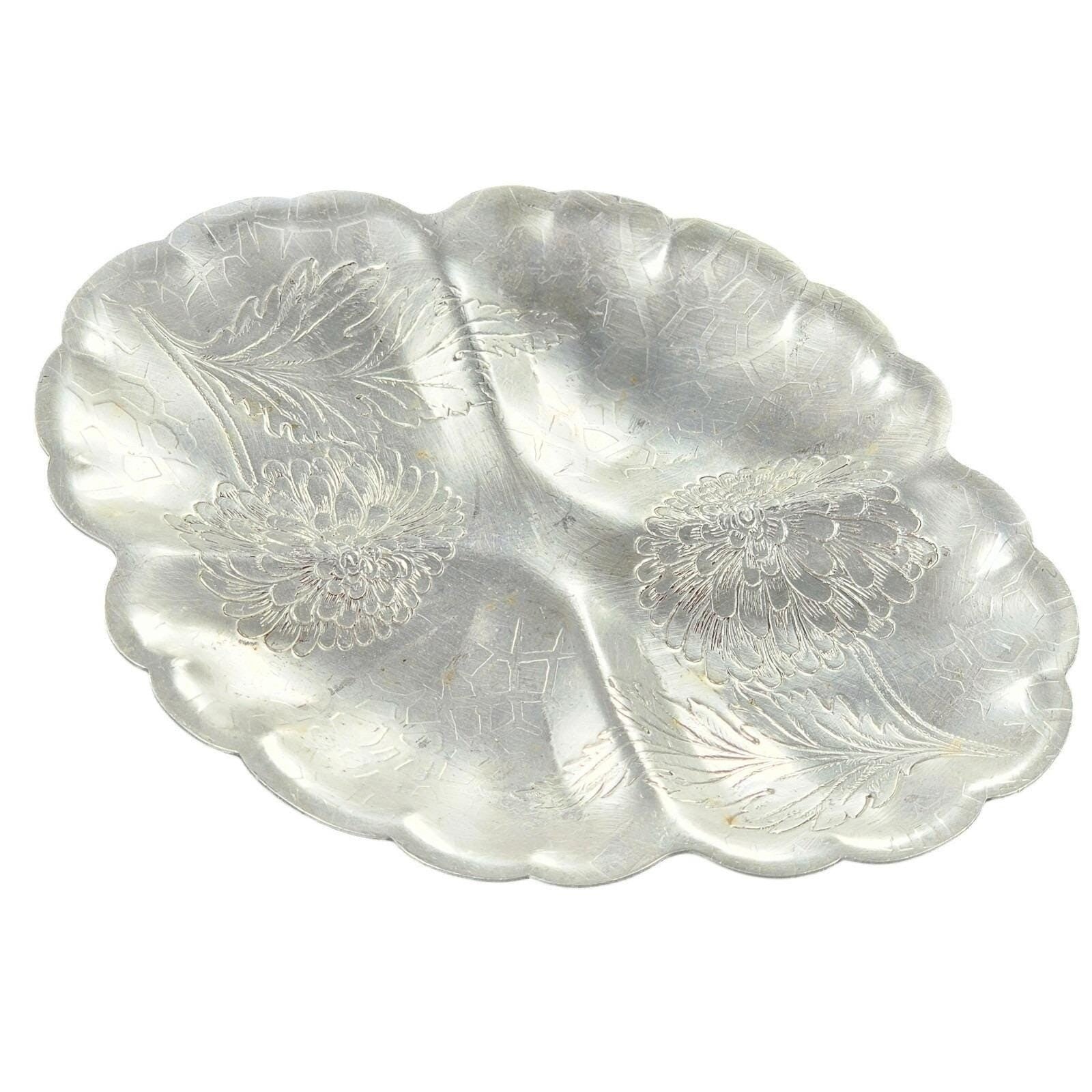 Vintage Forman Etched Aluminum Tray Oval Floral Sectioned Serving Tray 9.5"