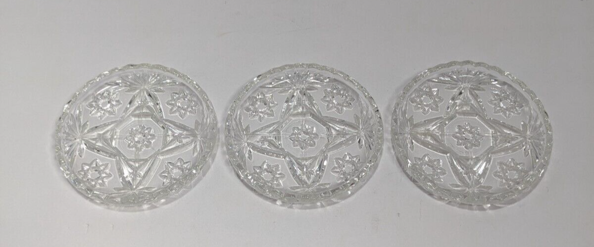 Set of 3 Vintage Cut Glass Drink Coasters 3 ¾ Inches