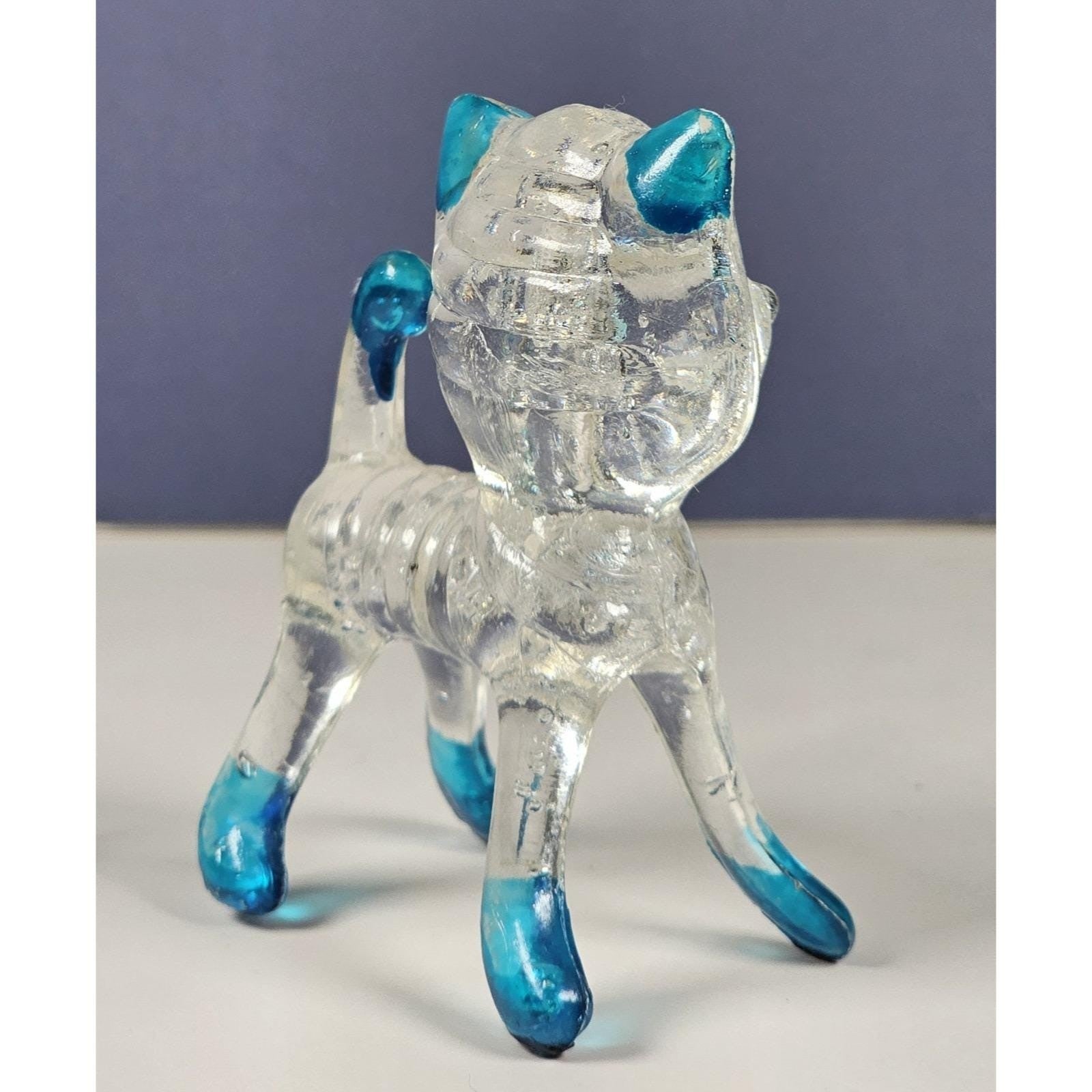 Vintage Lucite Cat Figurine Clear Blue Accents Hong Kong