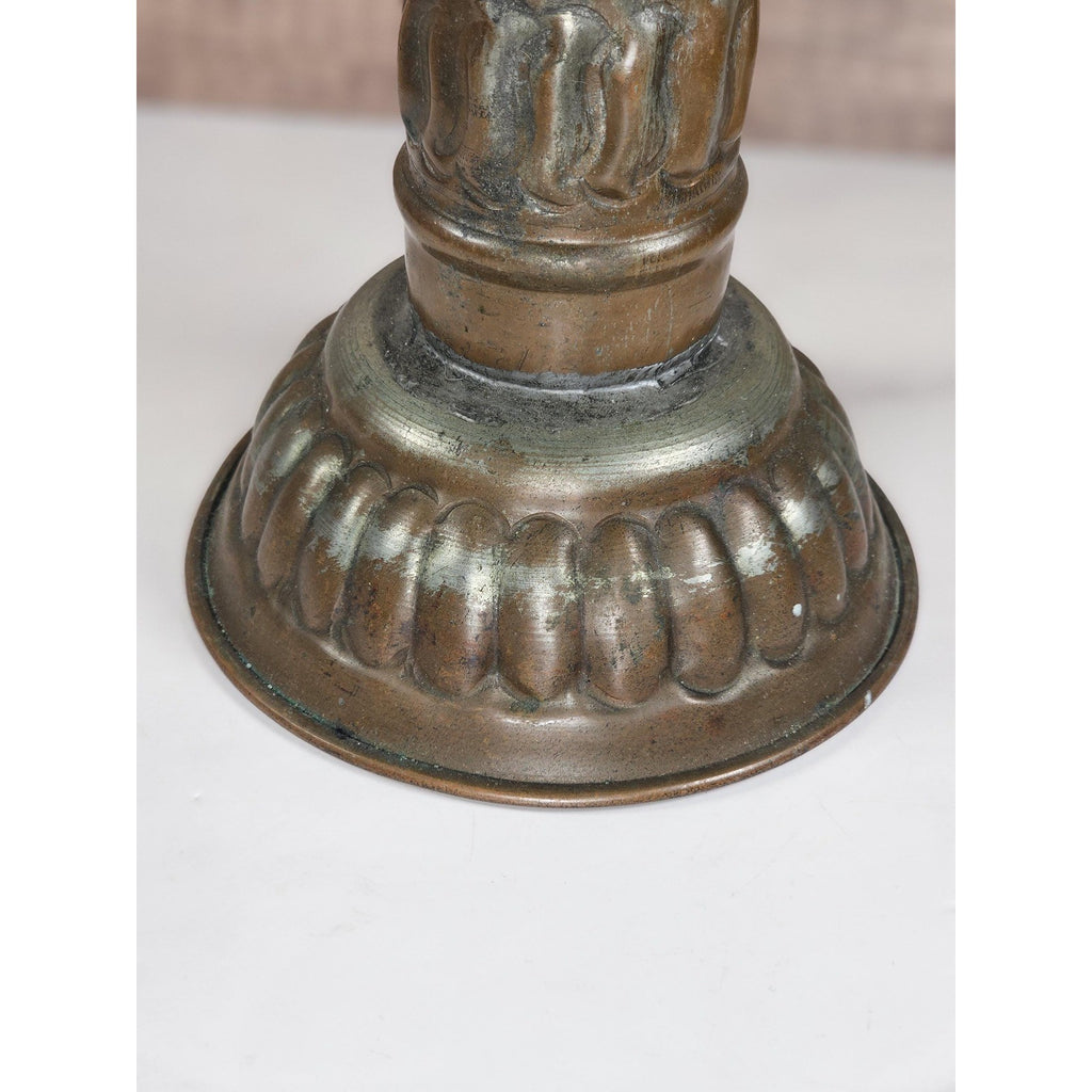 Antique Tinned Copper Candlestick Holder 12" Embossed Design
