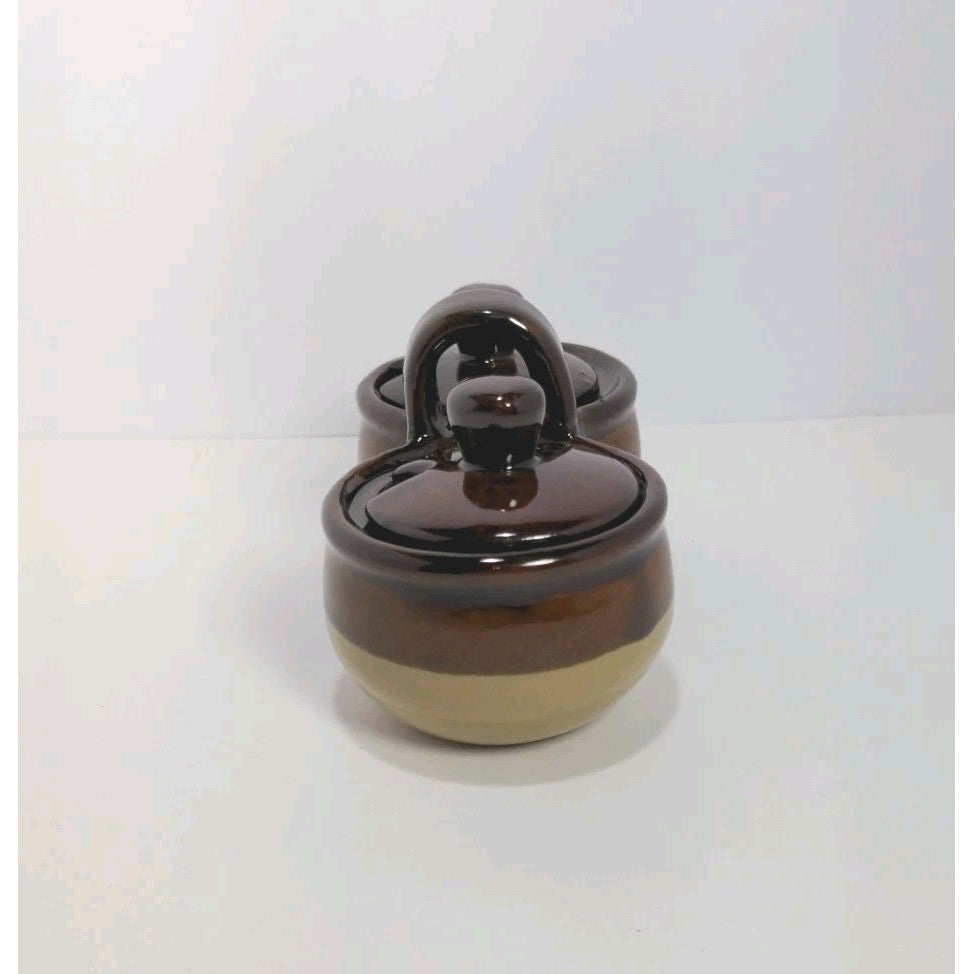 Vintage Brown Ceramic Double Jam & Jelly Crock Server with Lids