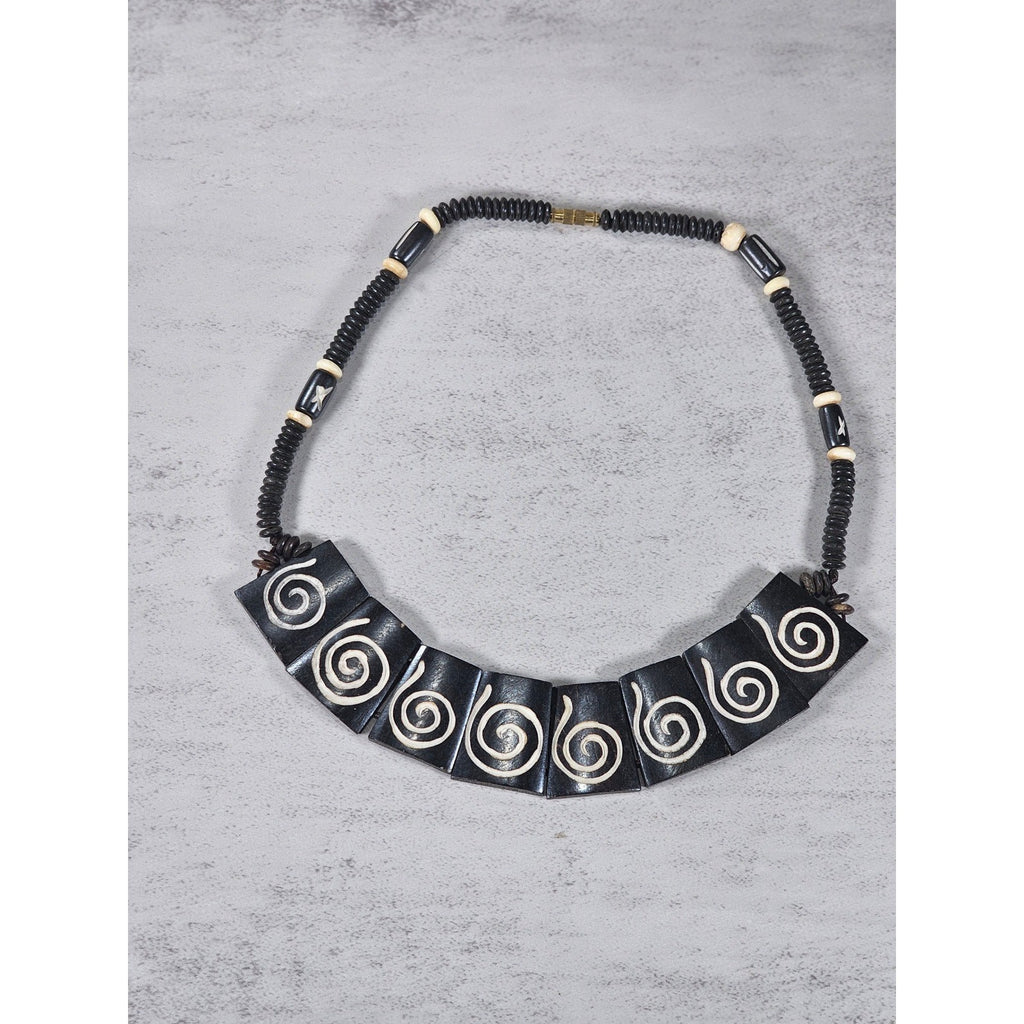 Vintage Tribal Carved Wood Spiral Necklace Statement Collar Black