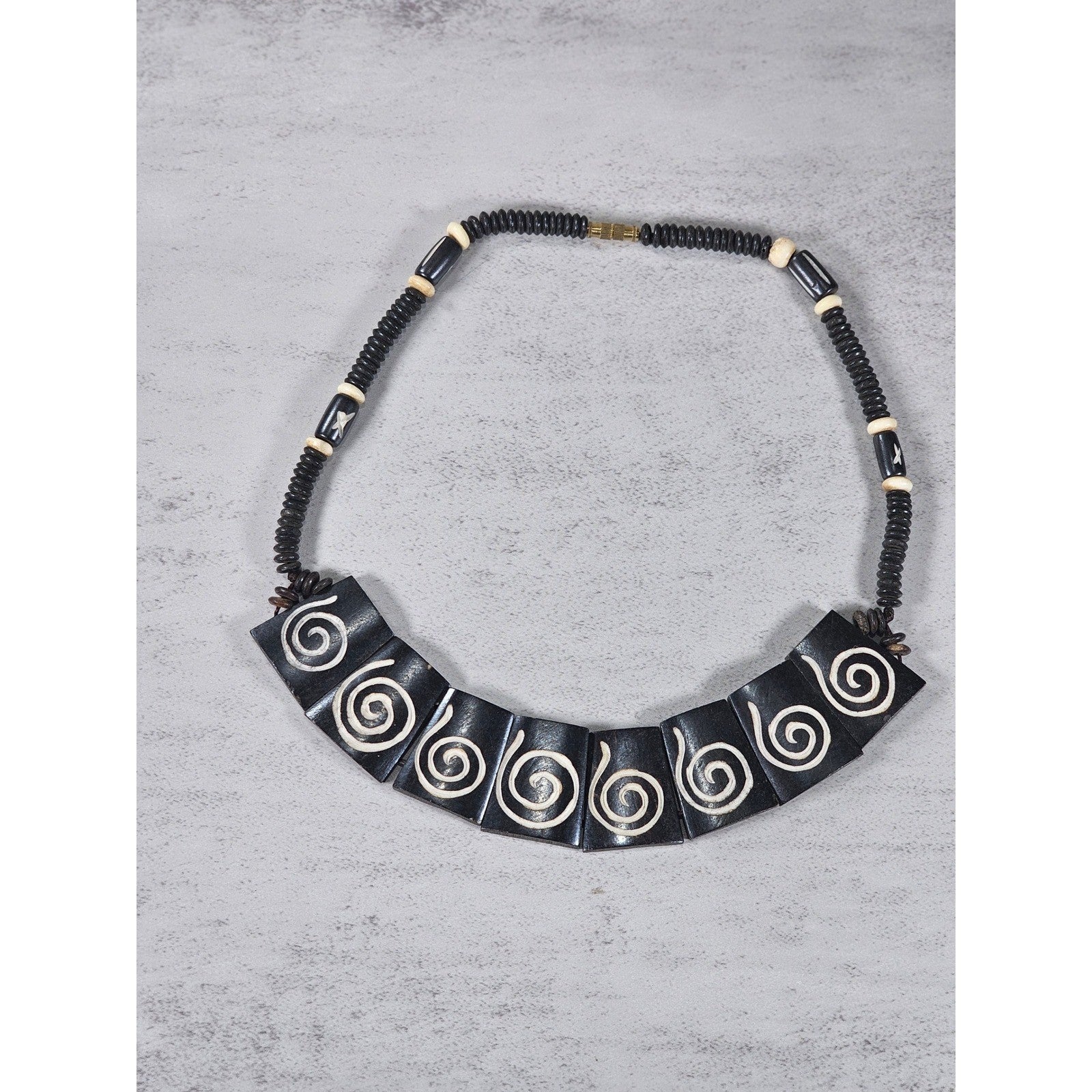 Vintage Tribal Carved Wood Spiral Necklace Statement Collar Black
