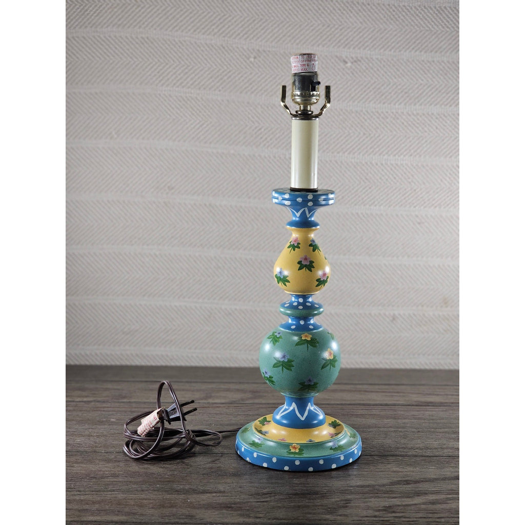 Vintage Hand Painted Wood Table Lamp Floral Blue Yellow Polka Dot