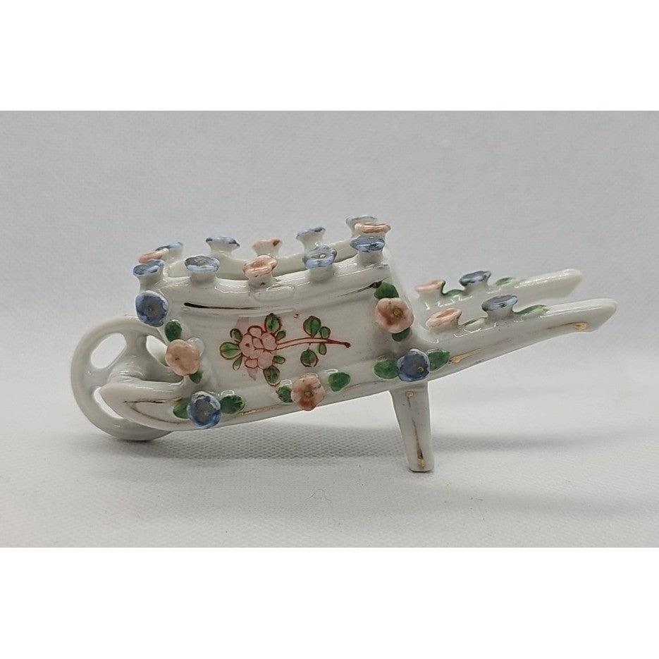 Vintage White Ceramic Mini Wheelbarrow Planter | Floral Antique Decor