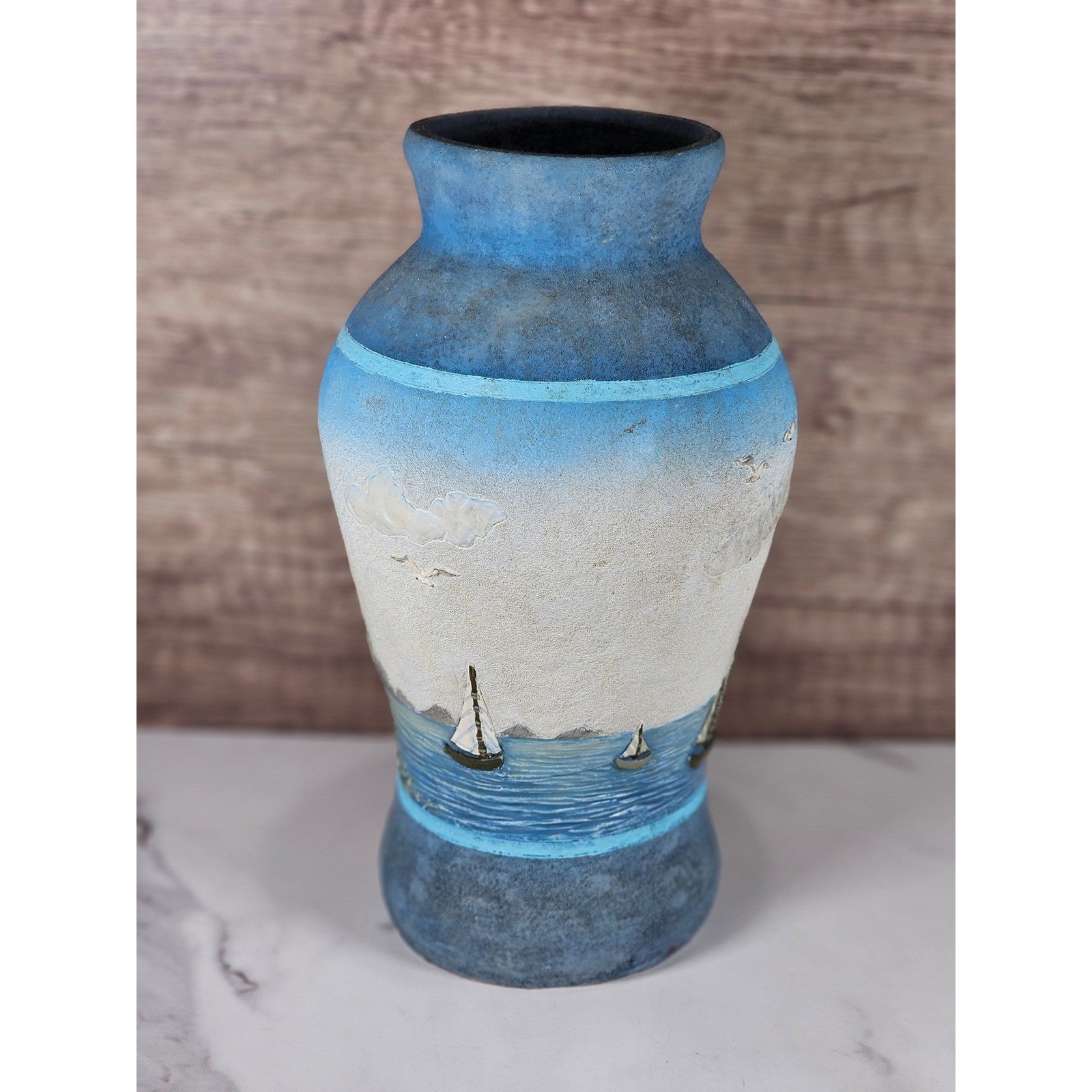 Vintage Coastal Lighthouse Resin Vase – Nautical Decor – Sailboat Relief Art