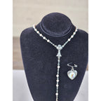 Vintage Rosary Necklace & Heart Pin Set with Case Religious