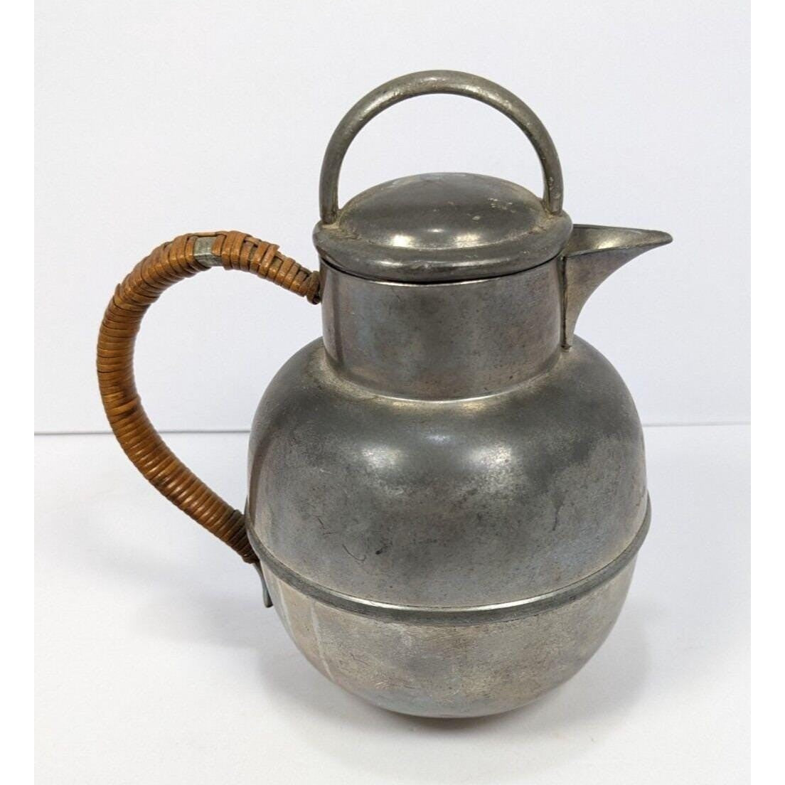 Rogers Pewter Coffee Pot Rattan Handle Mid Century Solid Pewter
