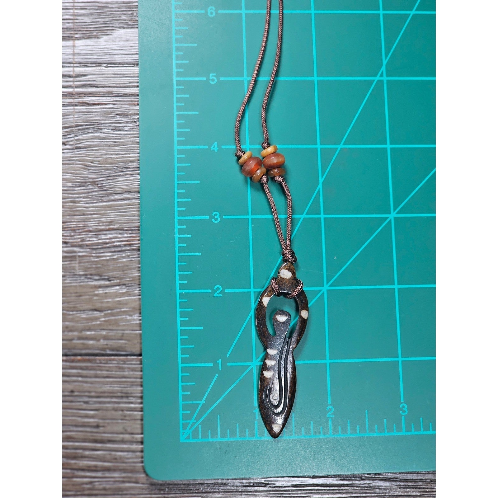 Vintage Carved Wood Pendant Necklace Beaded Cord Tribal Design