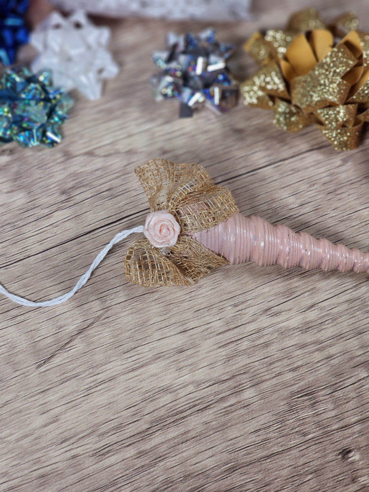 Vintage 90s Pink Auger Shell Ornament With Gold Bow & Rose Decoration 4"