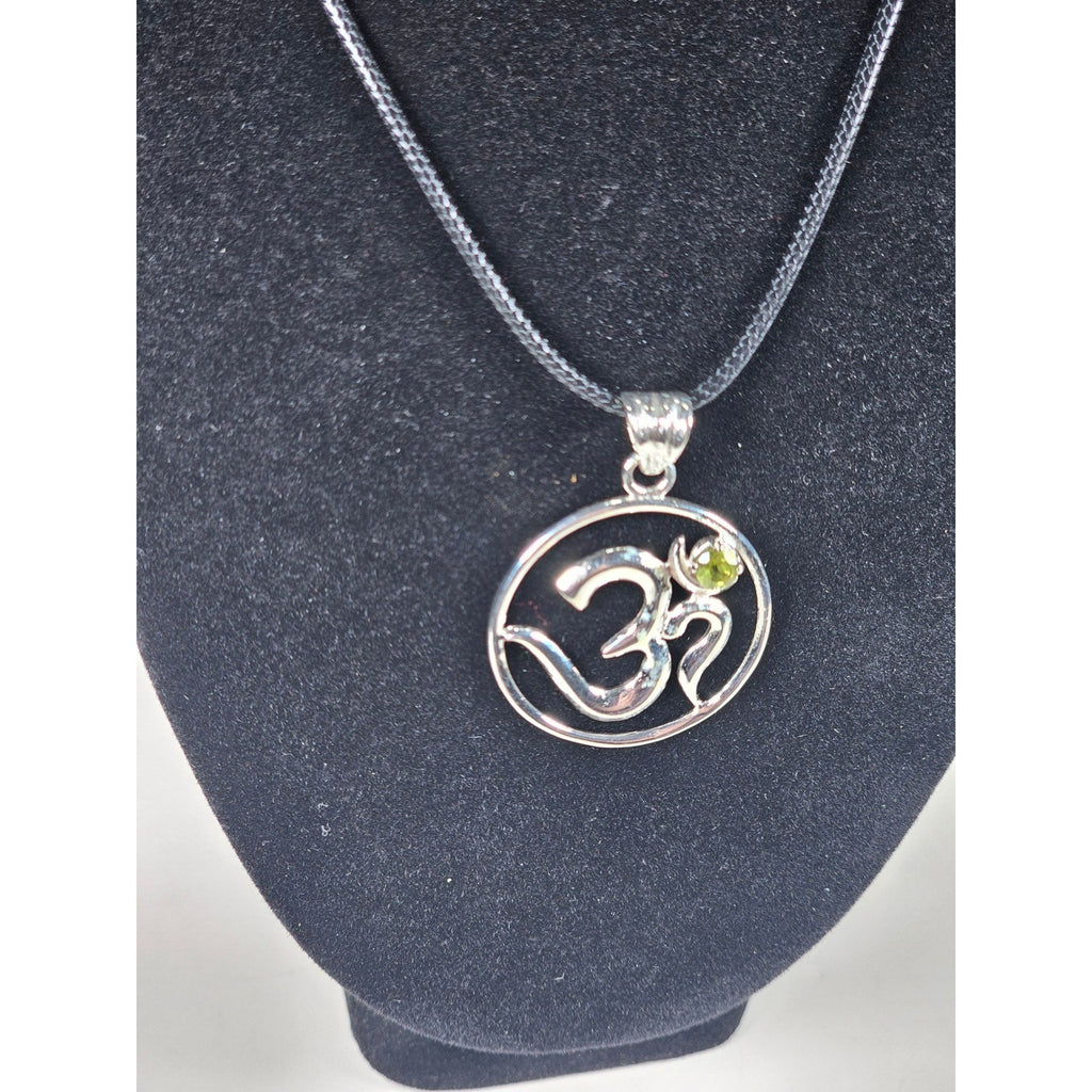 Vintage Sterling Silver Om Pendant with Green Stone Accent