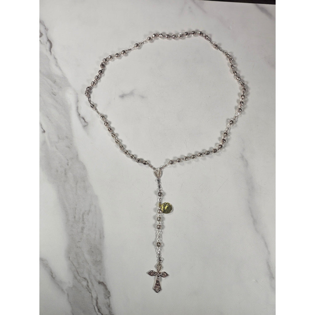 Vintage Silver Tone Rosary Necklace with Filigree Cross Pendant