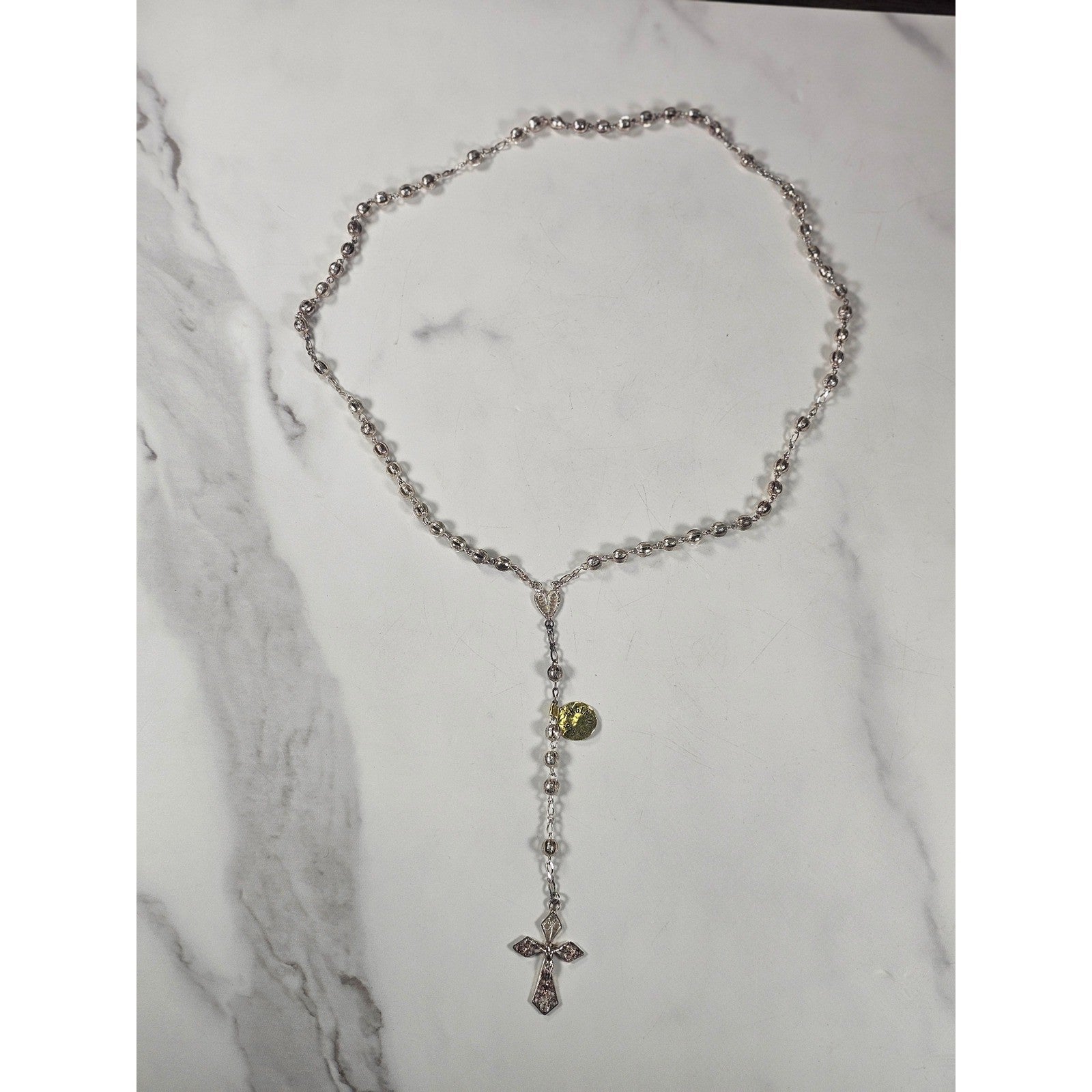 Vintage Silver Tone Rosary Necklace with Filigree Cross Pendant