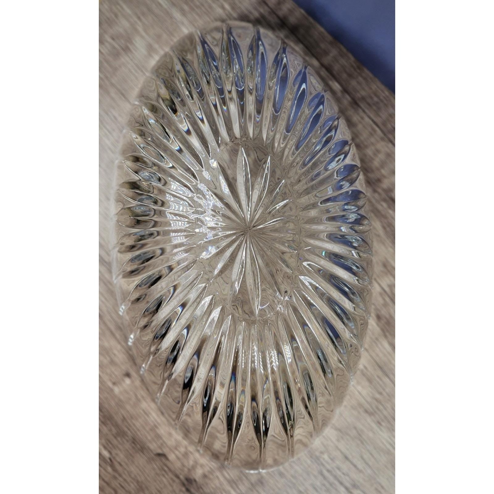 Vintage Cut Crystal Oval Bowl Starburst Pattern Textured Sides