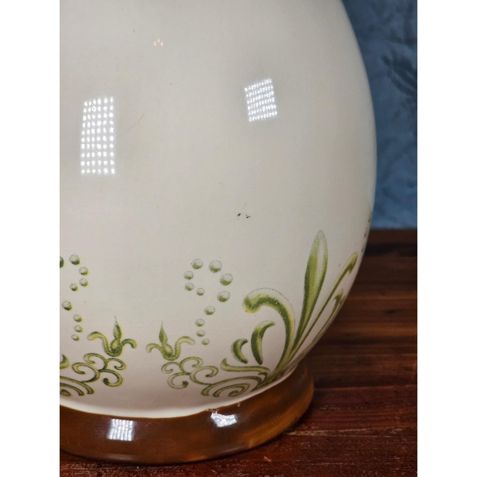 Vintage Ceramic Pitcher Cream Floral Green Brown Handle Holiday Petaluma