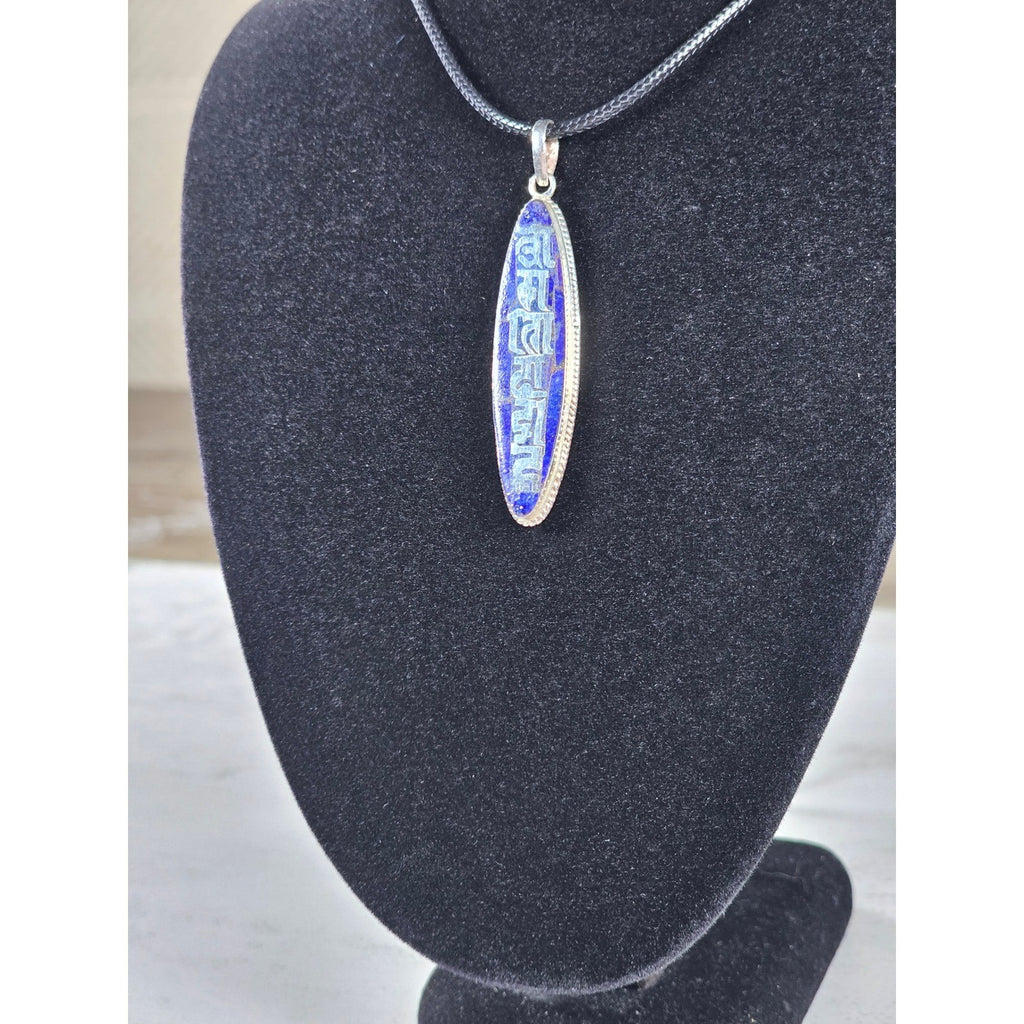 Vintage Sterling Silver Blue Enamel Script Pendant Necklace