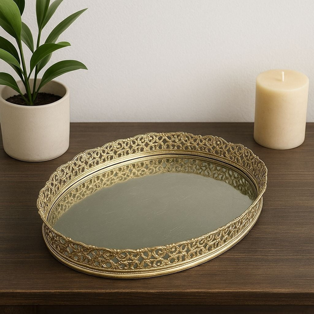 Vintage Oval Glass Mirror Vanity Tray 16 X 12 Ornate Gold-Tone Frame