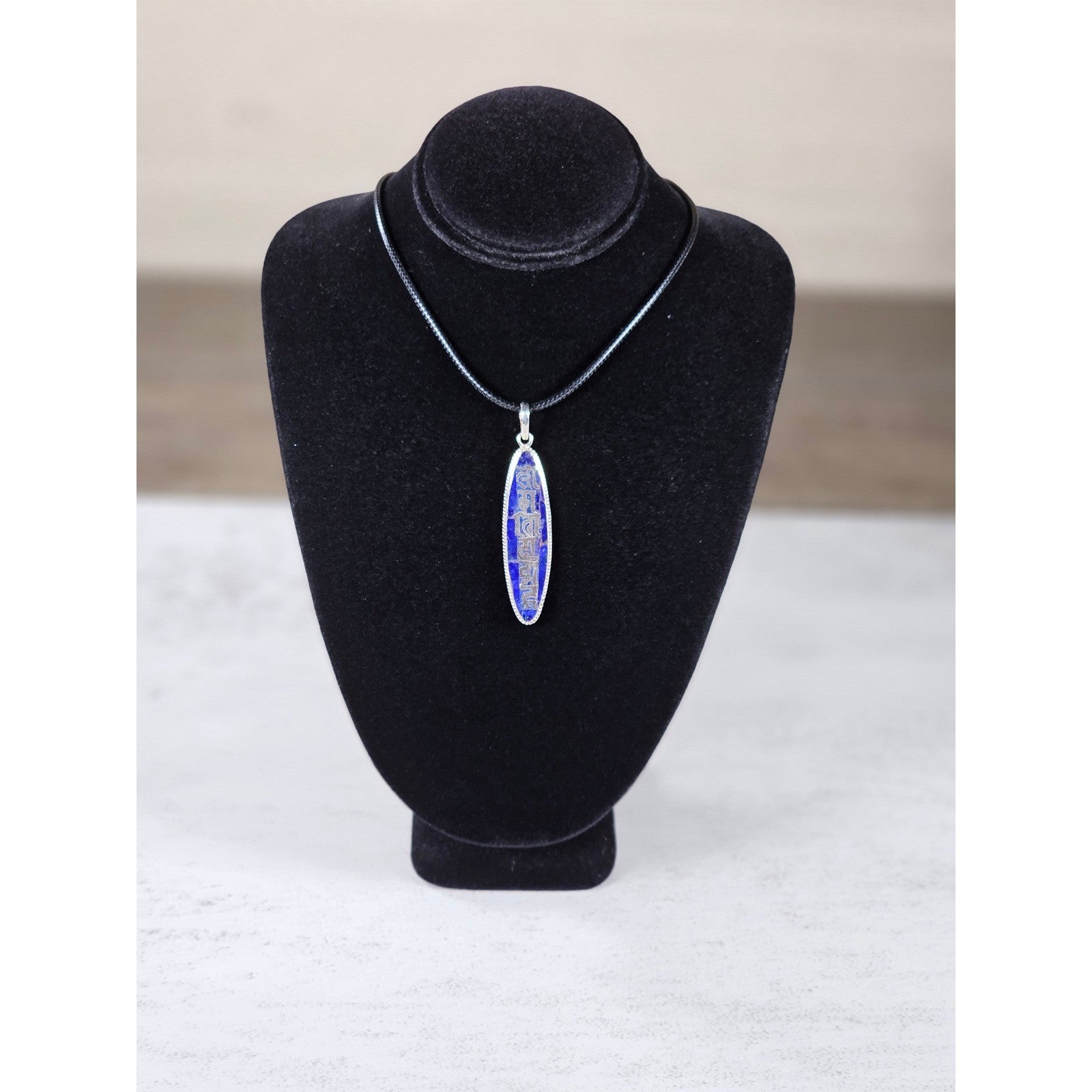 Vintage Sterling Silver Blue Enamel Script Pendant Necklace
