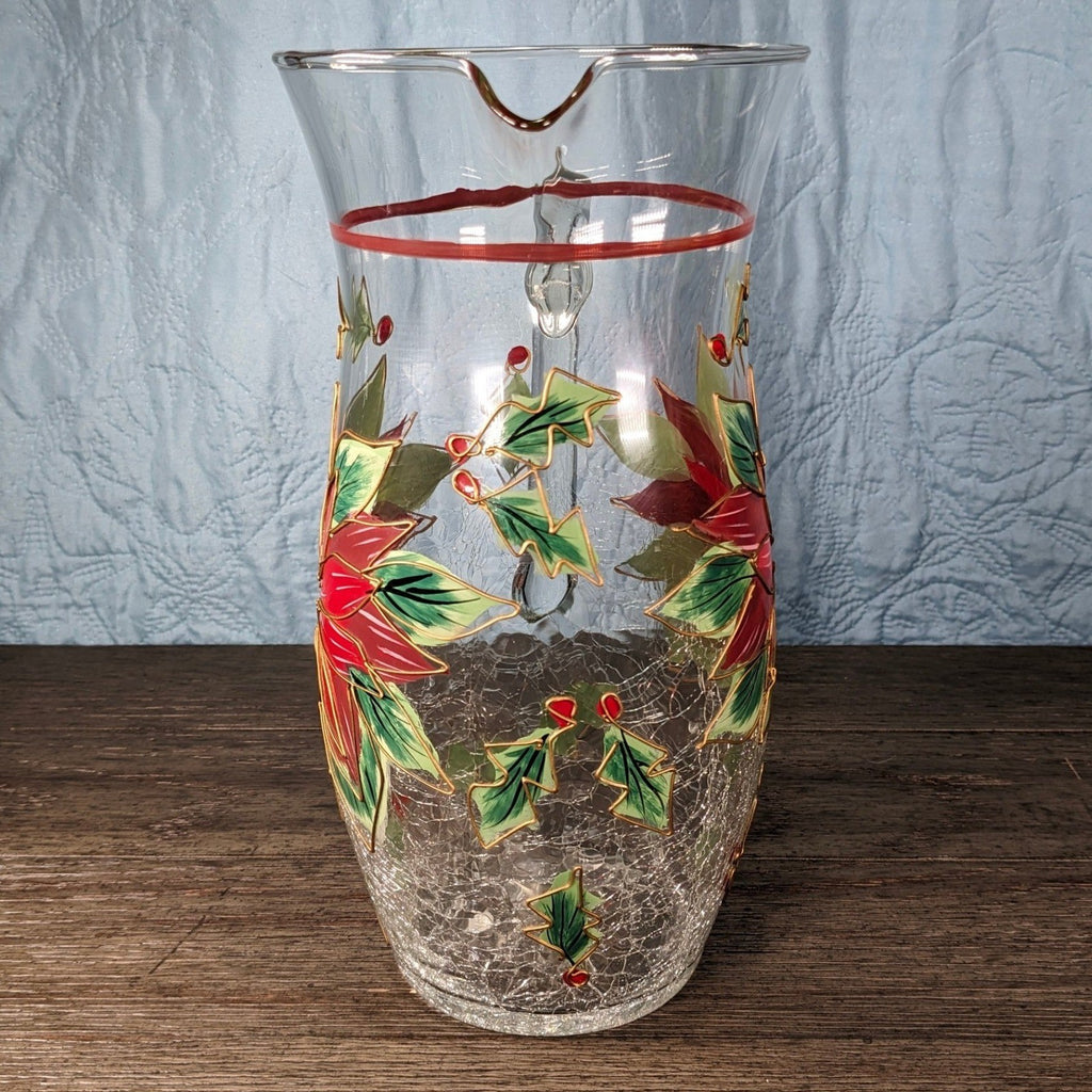 Vintage Poinsettia Glass Pitcher 72 oz Hand Painted Crackle Glass