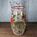 Vintage Poinsettia Glass Pitcher 72 oz Hand Painted Crackle Glass