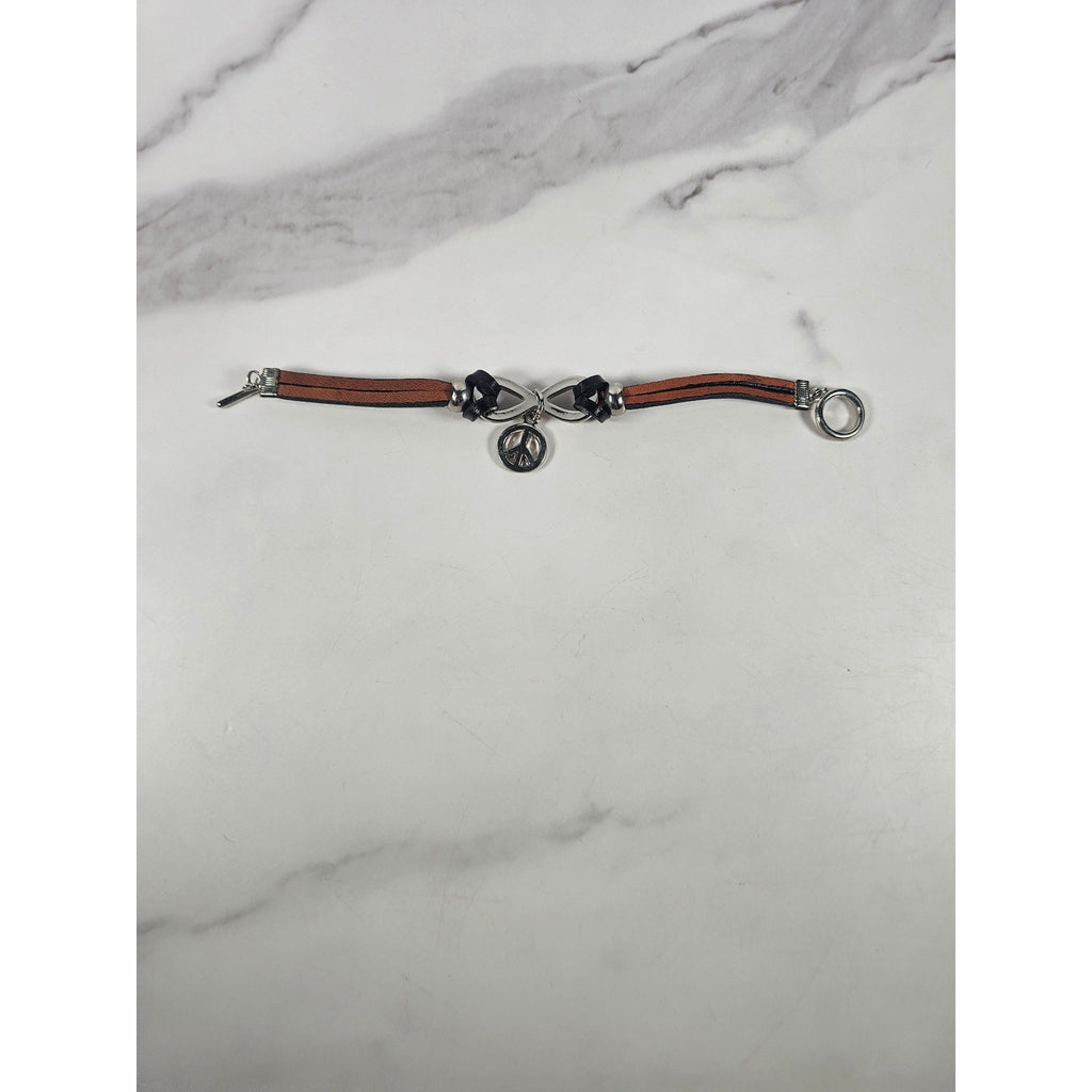 Vintage Petite Leather Peace Sign Bracelet Silver Tone Boho Jewelry