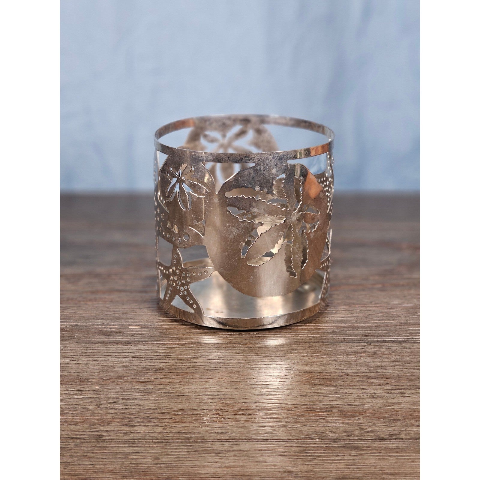 Coastal Metal Candle Holder with Starfish & Sand Dollar Cutouts 4x4