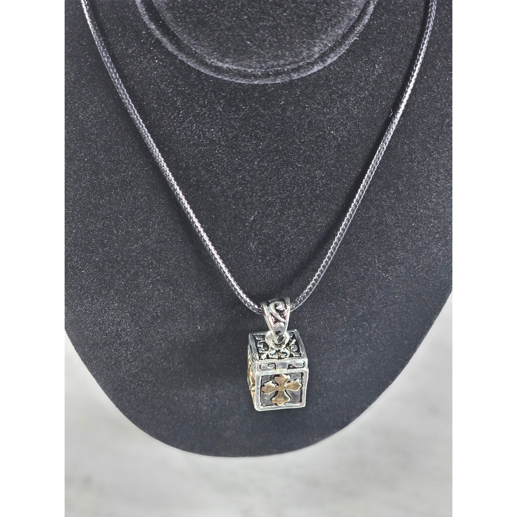 Vintage Religious Cube Pendant Necklace Cross & Praying Hands