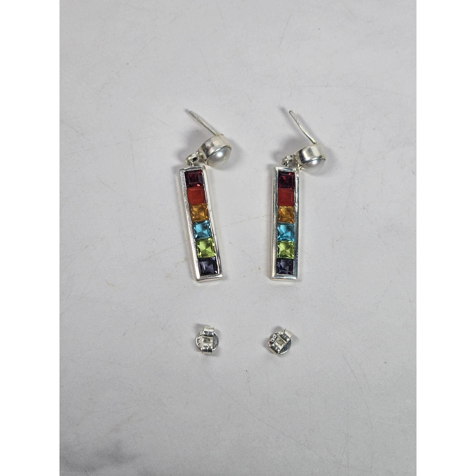 Vintage Rainbow Bar Drop Earrings with Pearl-Style Studs