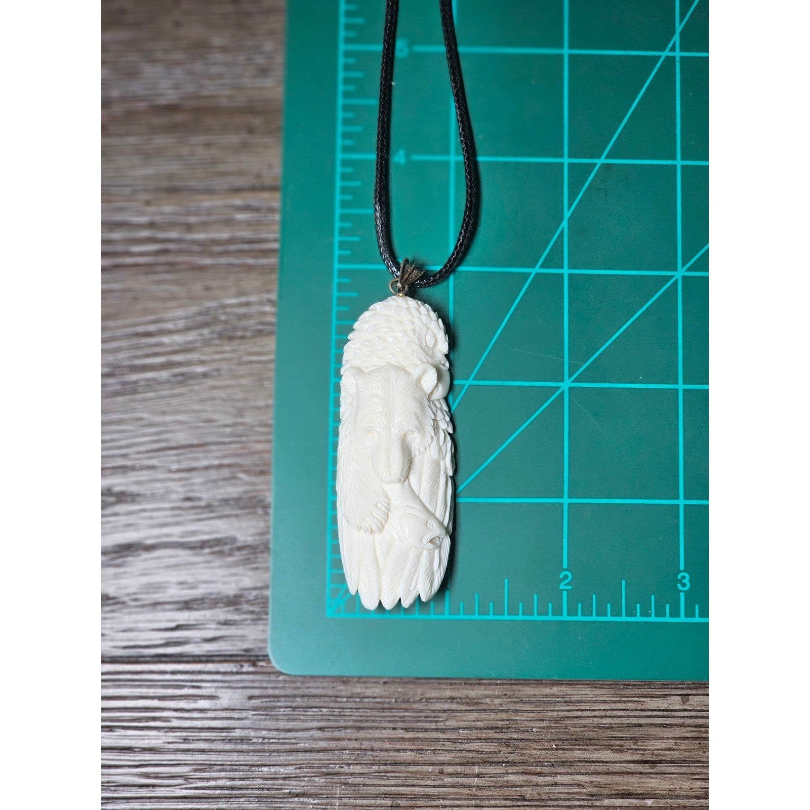Vintage Carved Buffalo Bone Bear Pendant Necklace 3" Hand Carved Animal Totem