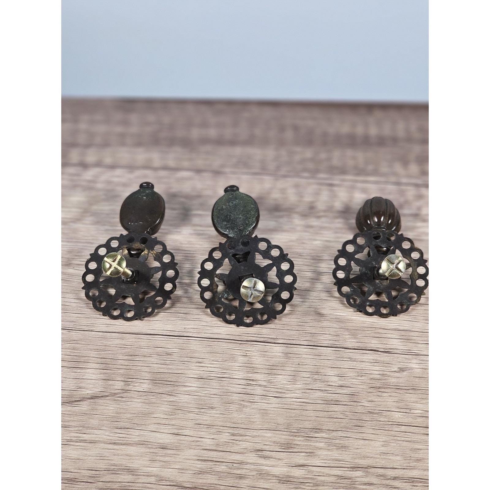 Vintage Brass Bronze Drawer Knobs Set 3 Ornate Cabinet Pulls