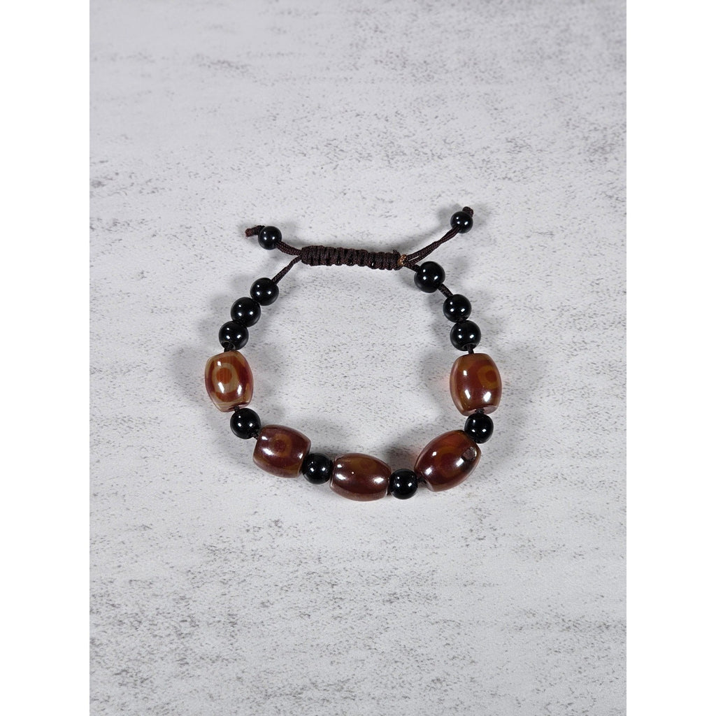 Red Orange Agate Style Beaded Bracelet Adjustable Cord Black Beads