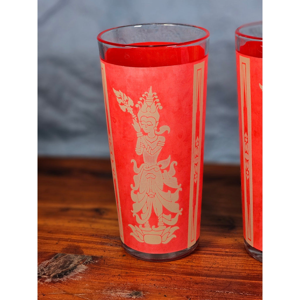 Vintage Red Asian Dancer Gold Glasses Set of 2 Tall Drinking Tumblers