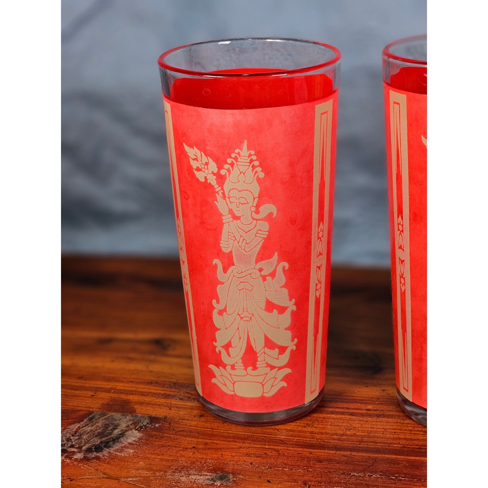 Vintage Red Asian Dancer Gold Glasses Set of 2 Tall Drinking Tumblers