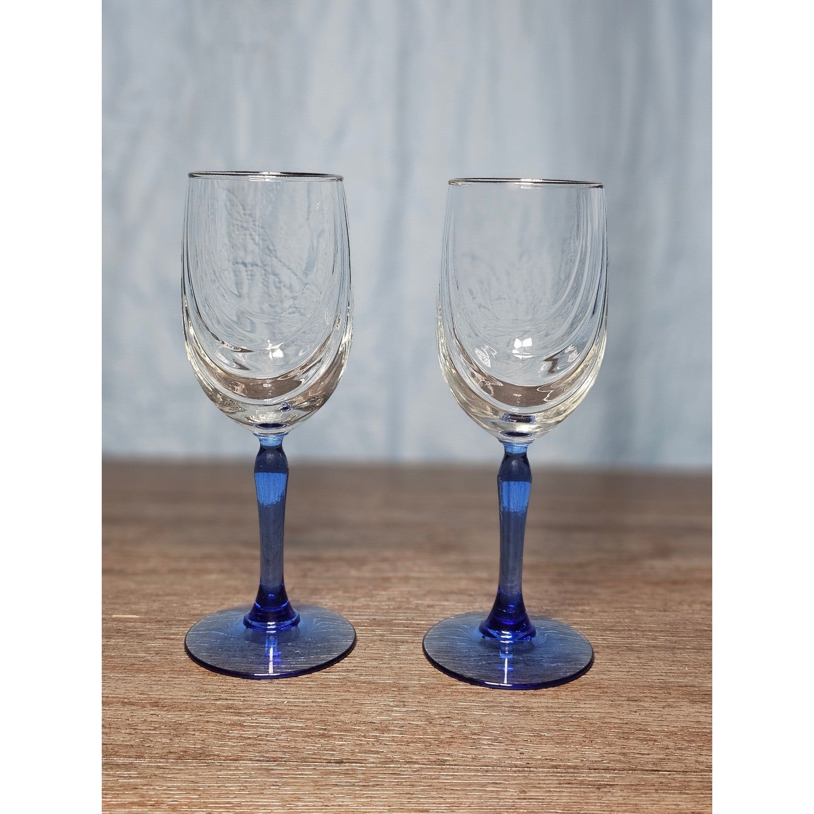 Vintage Blue Stem Wine Glasses Set of 2 Gold Rim Clear Bowl 8 Inch