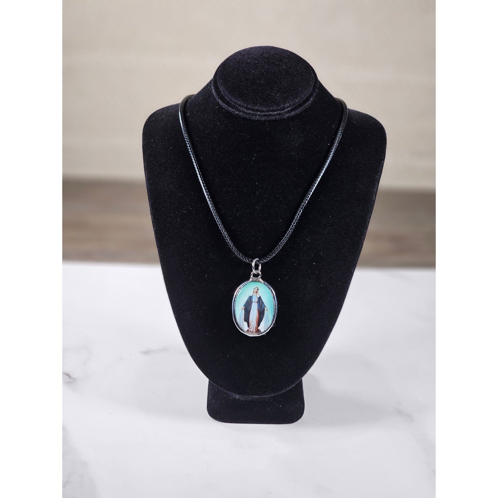 Vintage Madonna Pendant Necklace Blue Enamel Oval Cross Back