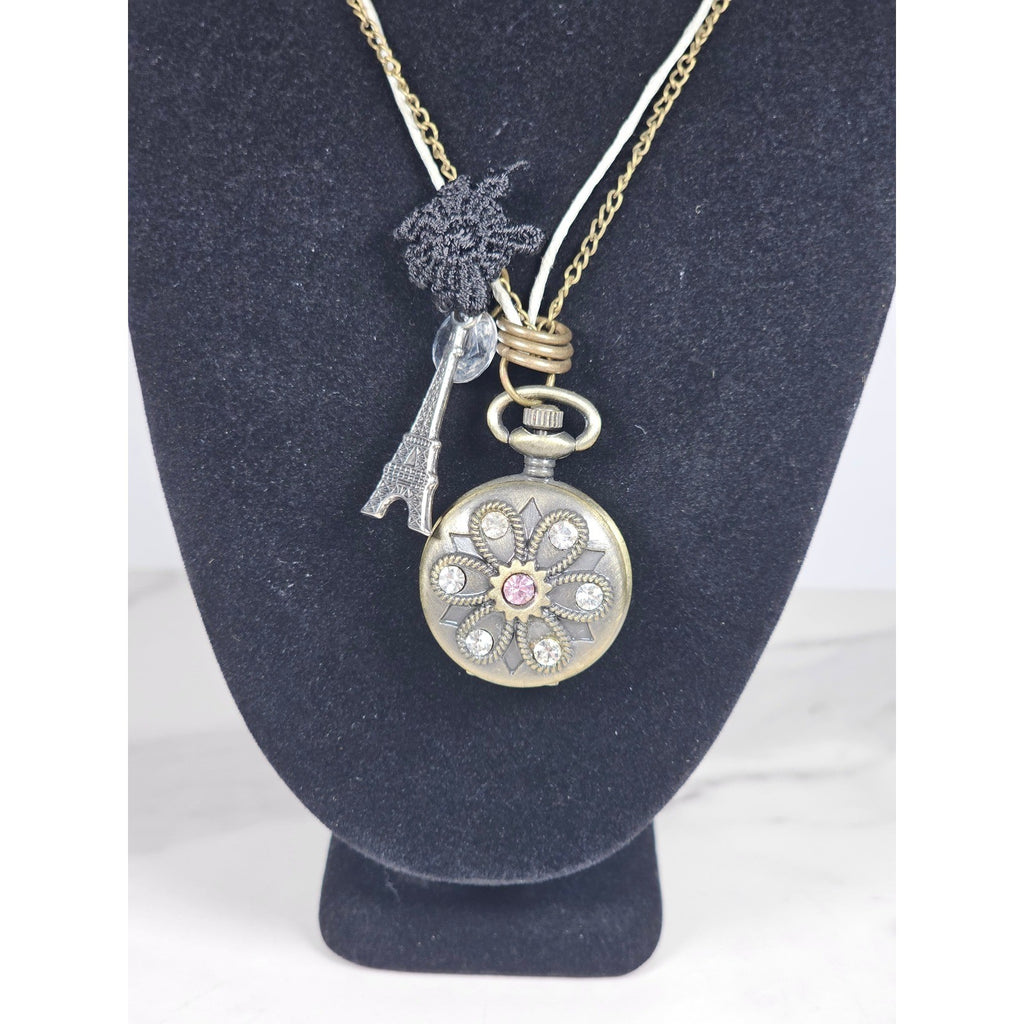 Vintage Long Necklace Pocket Watch Locket Pendant Eiffel Tower Charm