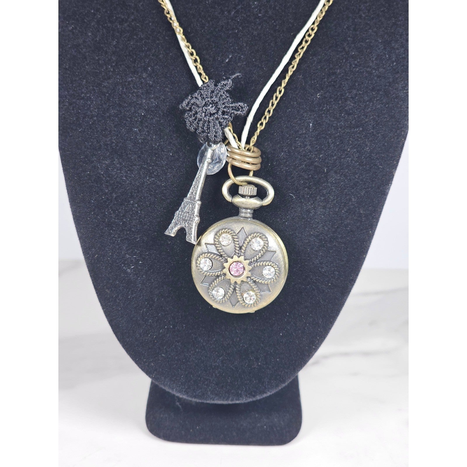 Vintage Long Necklace Pocket Watch Locket Pendant Eiffel Tower Charm