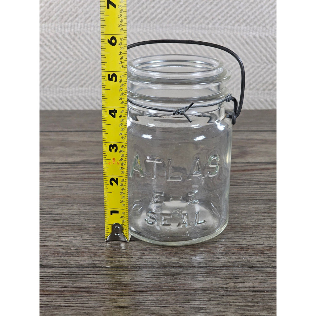 Vintage Atlas E-Z Seal Glass Jar Wire Bail Lid 5x3 Clear Embossed