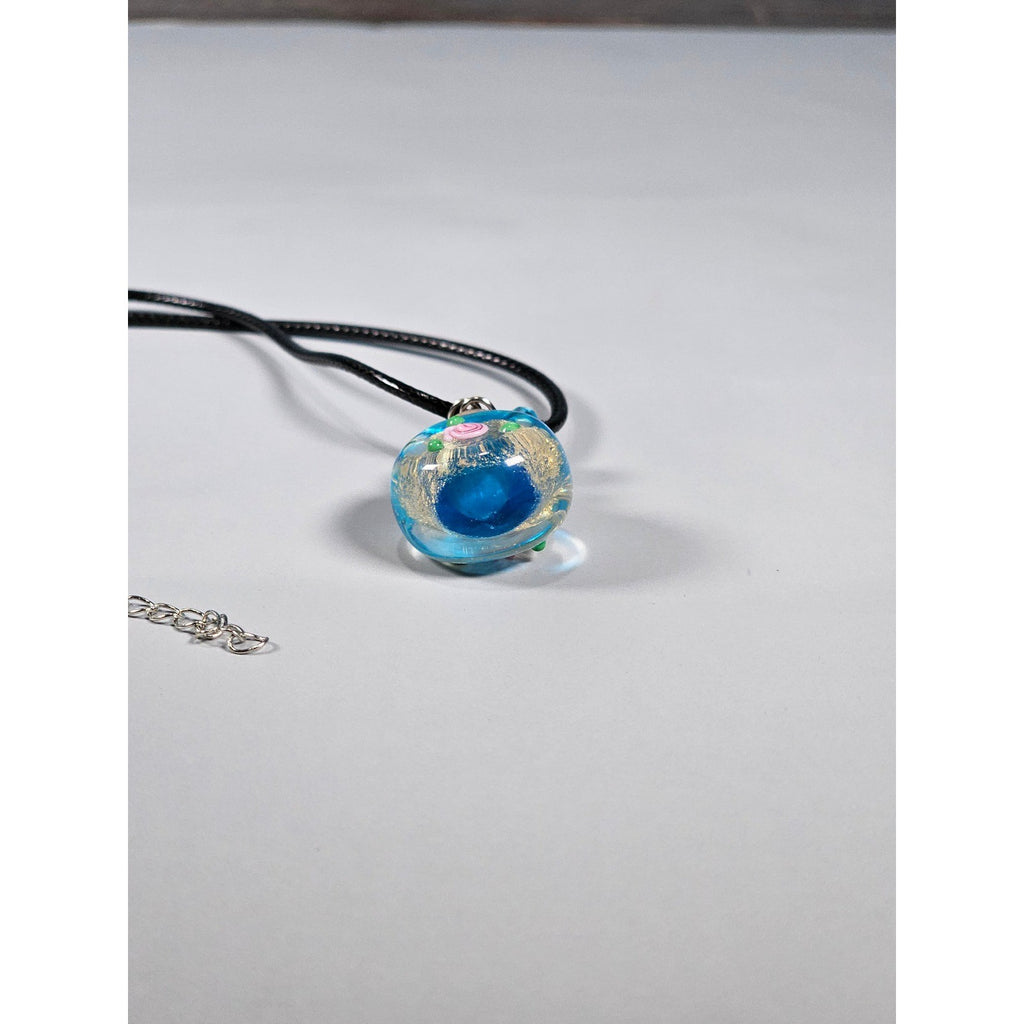 Glass Bottle Pendant Necklace Blue Floral Cork Vial Charm Necklace