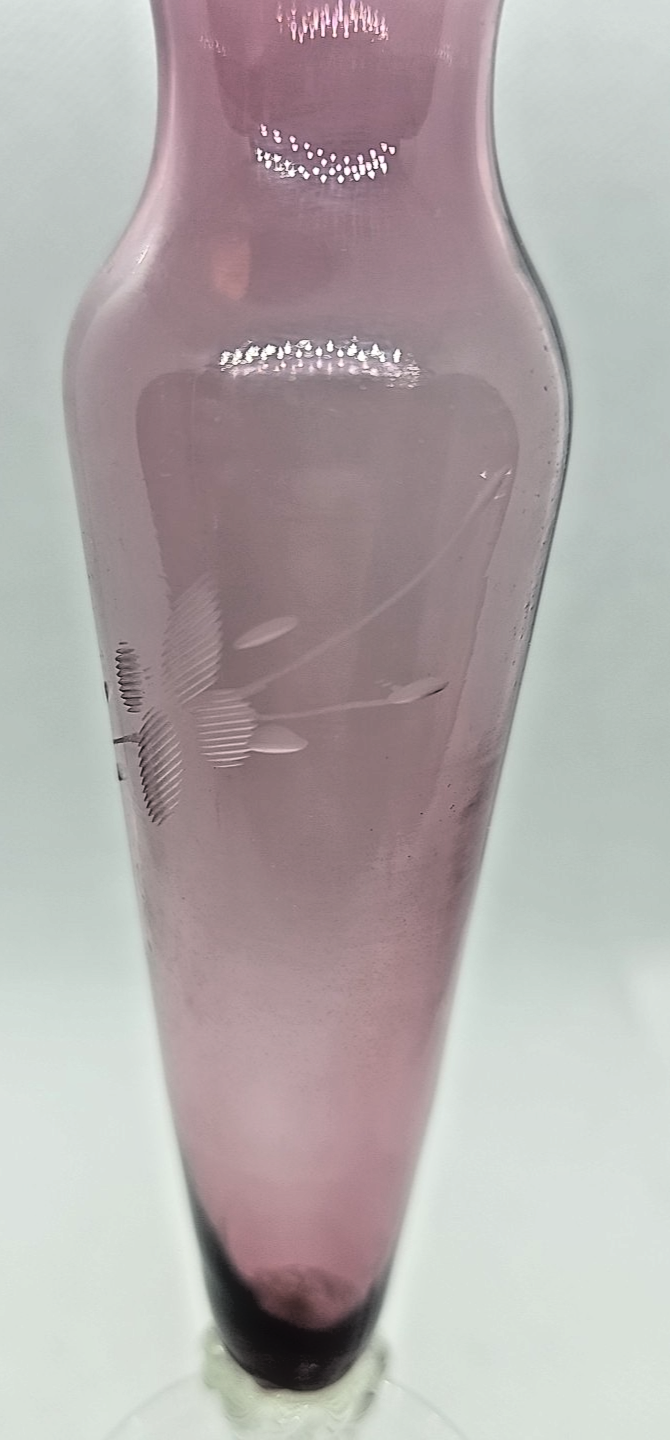Amethyst Purple Etched Flower Bud Vase • Hand-Blown Glass • Ruffled Edge • 8″