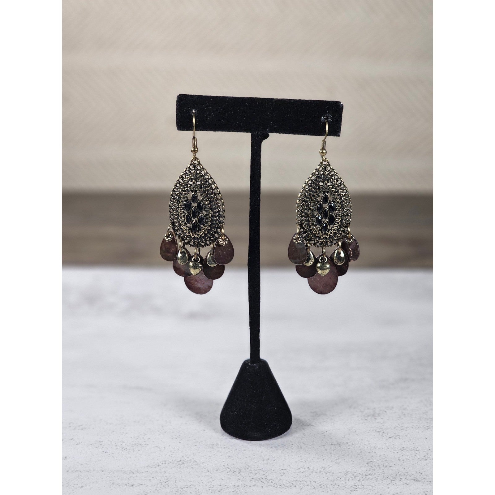 Boho Antique Gold Filigree Teardrop Chandelier Earrings Plum Shell Dangle Charms