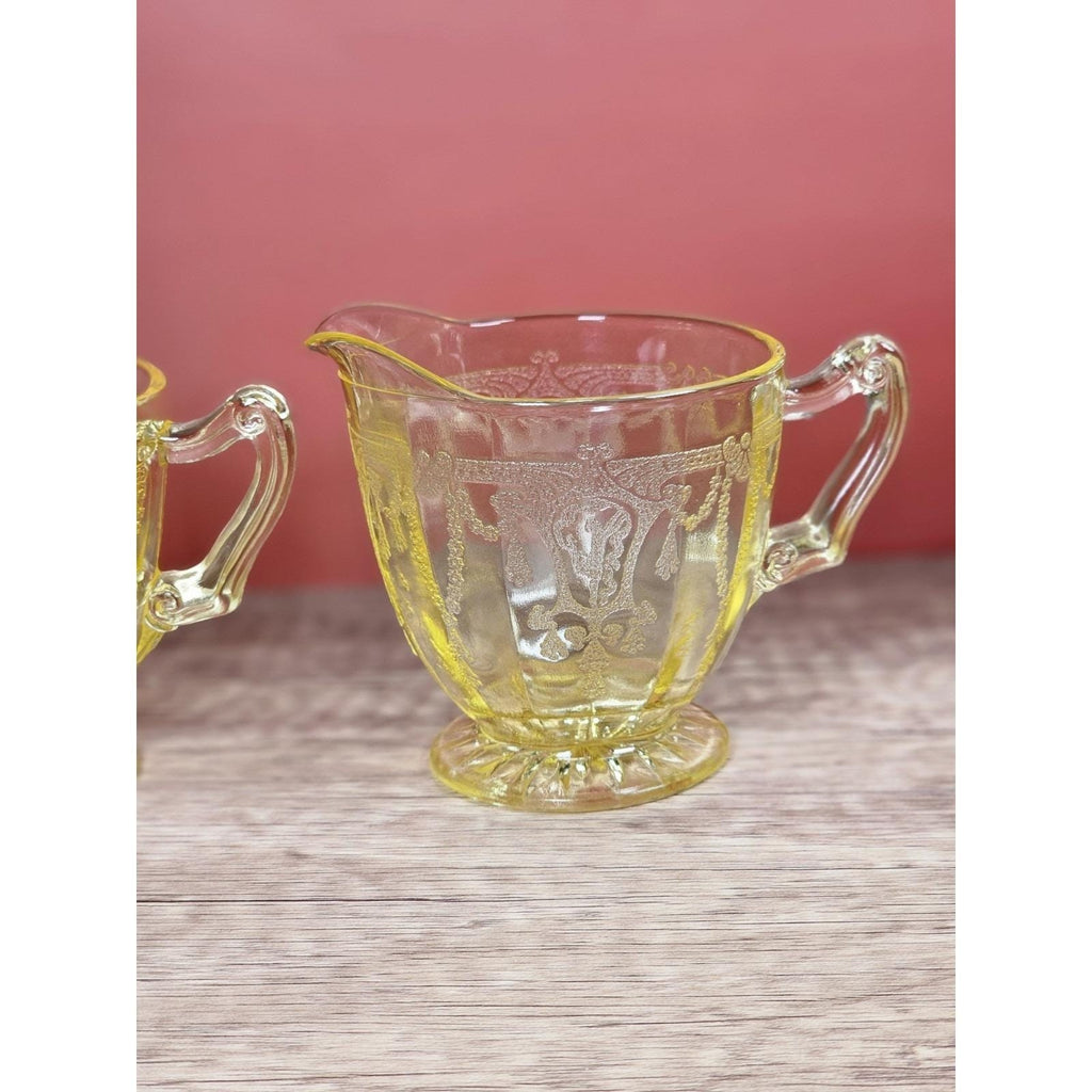 Vintage Anchor Hocking Cameo Ballerina Yellow Glass Creamer & Sugar Set