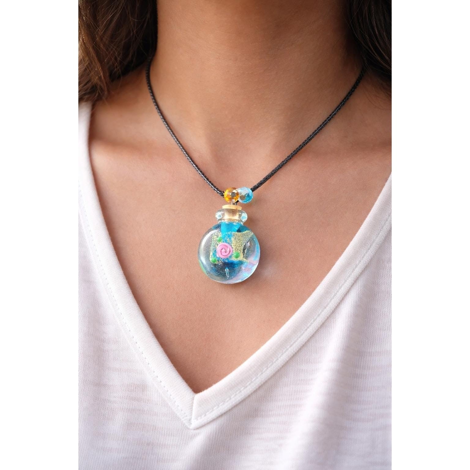 Glass Vial Pendant Necklace with Cork Stopper on Black Cord