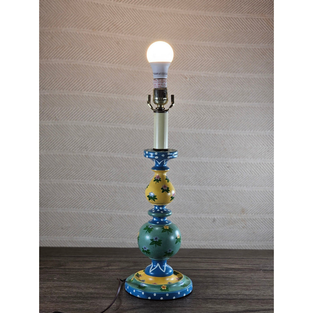 Vintage Hand Painted Wood Table Lamp Floral Blue Yellow Polka Dot